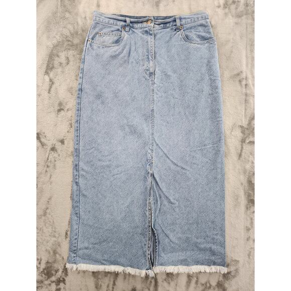 Vintage 90s Bill Blass Jeans High Rise Raw Hem Slit Midi Skirt Size 32 Blue - Picture 1 of 10